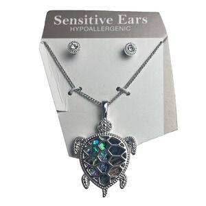 Essential Designs Earring & Necklace Set Silver Turtle Necklace & CZ Studs